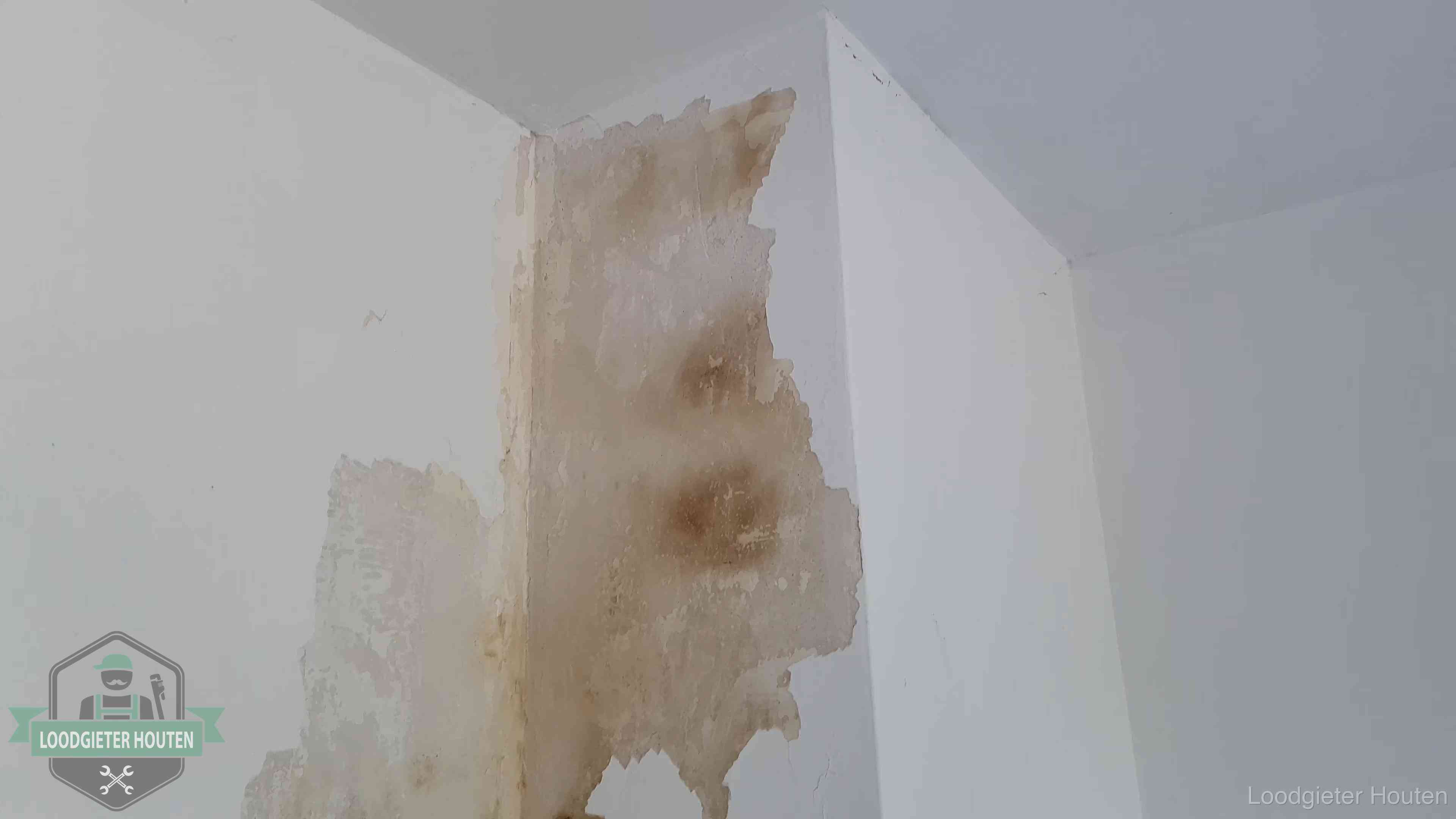 Daklekkage herkennen in Houten Bruine vochtkringen en afbladderend stucwerk op een binnenmuur in Houten, een eerste teken van daklekkage